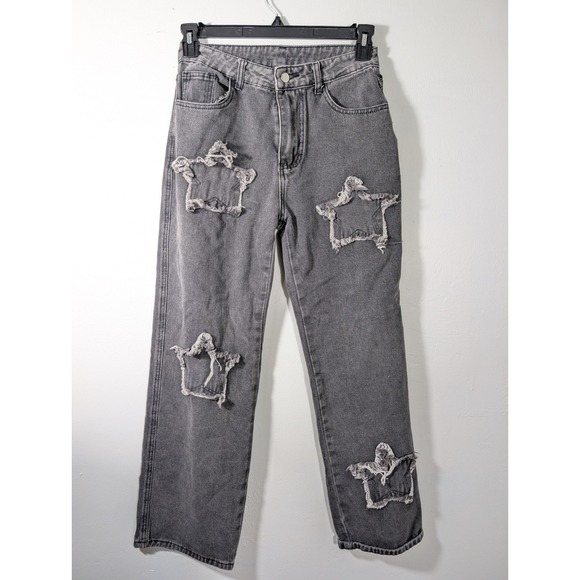 SHEIN Denim - Women's M Black Stone Wash High Rise Mom Jeans‎ Star Pattern Distressed